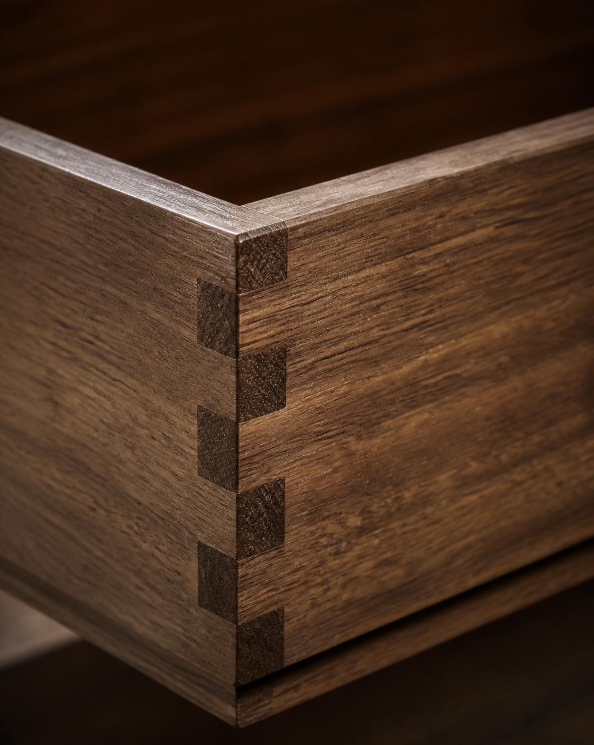 Close-up of precision dovetail wood joinery on custom cabinetry
